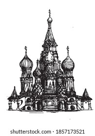Catedral de San Basil, imagen de vector exterior dibujada a mano en blanco y negro 