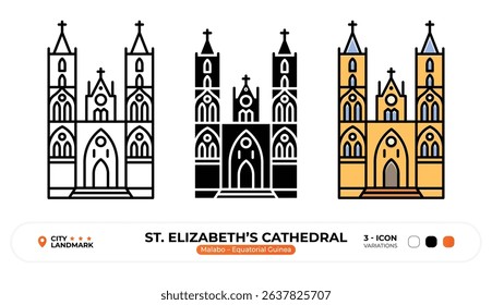 St. Elizabeth’s Cathedral Line Icon, Malabo, Equatorial Guinea Landmark, Silhouette, Color Vector, Editable Stroke.
