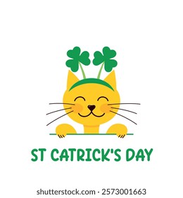 st catrick's day, cute ginger cat with shamrock headband on, Saint Patrick's day vector illustration for t shirt design