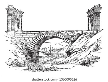 St Chamas Bridge is a commune in the department of Bouches du Rhne in the Provence Alpes Cte Azur region in southern France, vintage line drawing or engraving illustration.