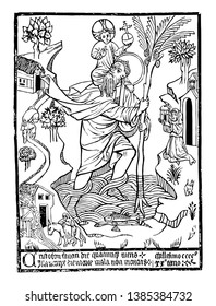 St. Christopher überquerte den Fluss mit Jesus auf seinem Rücken, Vintage-Linie Zeichnung oder Gravitation Illustration.