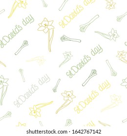 St. David's Day card with daffodils and leeks seamless pattern. Vector illustration. Wales national holiday. March, 1st. 