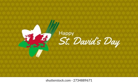St. David's Day Celebration Vector with Red Dragon Flag Shaped as Daffodil and Leek Illustration