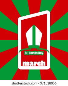 St David's Day  greeting card template. Wales national holiday. Catholic hat tiara. March, 1st number on sunburst backdrop