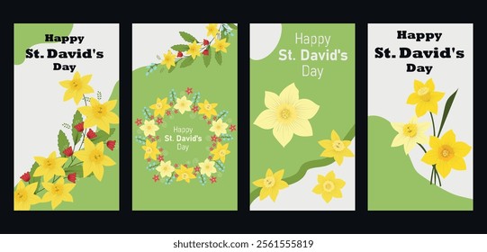 St. Davids Day Social Media Stories Template. National holiday concept. Banners with narcissus