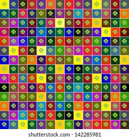 st. patrickÂ´s day background, clovers and colorful squares, patchwork pattern