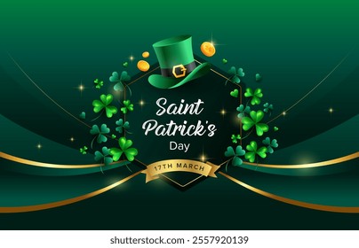 St Patrick’s Day background design with curve gold and green strap. Leprechaun hat, shamrock, gold coins on green background. Vector illustration design template. 