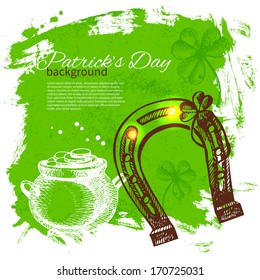 St. Patrick'??s Day background with hand drawn sketch illustrations 