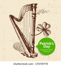 St. Patrick'??s Day background with hand drawn sketch illustration and bubble banner 