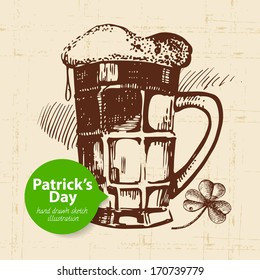 St. Patrick'??s Day background with hand drawn sketch illustration and bubble banner 