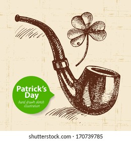 St. Patrick'??s Day background with hand drawn sketch illustration and bubble banner 