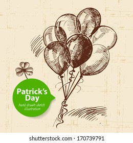 St. Patrick'??s Day background with hand drawn sketch illustration and bubble banner 