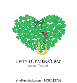 St. Patrick’s Day background with made of shamrock heart with ladybird and horseshoe vector greeting card