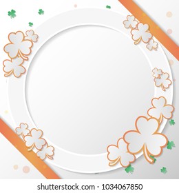 St. Patrick’s Day banner. Composition with orange clover, strips and white circle with copy space in paper art style. Vector illustration.