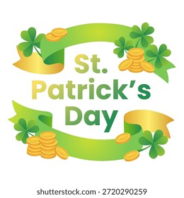 Diseño de Anuncio del Día de San Patricio con cinta verde, hojas de trébol, olla de oro y símbolos irlandeses festivos