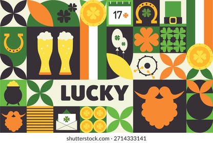  Anuncio del día de San Patricio con Formas geométricas modernas, tréboles, cerveza, monedas de oro y símbolos irlandeses de la suerte