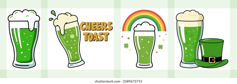 St. Patrick’s Day beer glass set featuring green beer, shamrocks, rainbow, "cheers toast" text, and a leprechaun hat in a fun cartoon style. Perfect for festive designs and party projects.