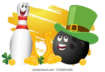 St. Patrick’s Day bowling vector illustration featuring a cute bowling ball and pin with shamrocks, gold coins, rainbow and Irish lucky symbols. Fun cartoon style, bright colors, festive design.