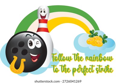 Ilustração do vetor de boliche do Dia de São Patrício com uma linda bola de boliche e pino com trevos, moedas de ouro, arco-íris e símbolos de sorte irlandeses. Estilo de desenho animado divertido, cores brilhantes, design festivo.
