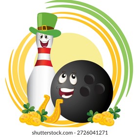 Ilustração do vetor de boliche do Dia de São Patrício com uma linda bola de boliche e pino com trevos, moedas de ouro, arco-íris e símbolos de sorte irlandeses. Estilo de desenho animado divertido, cores brilhantes, design festivo.