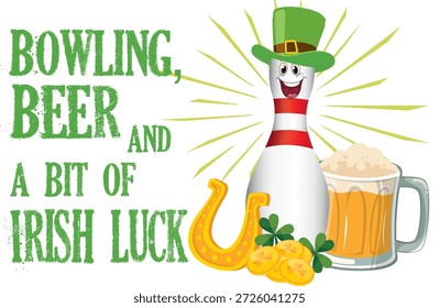 St. Patrick’s Day Bowling Vektorgrafik mit einem niedlichen Bowlingball und Pin mit Shamrocks, Goldmünzen, Regenbogen und irischen Glückssymbolen. Spaß Cartoon-Stil, helle Farben, festliches Design.
