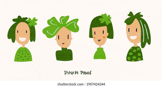 St. Patrick’s day clipart with cute female cartoon characters, wearing green clothes and four-leaf clover hair accessories and shamrock like hairstyle.