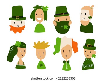 St. Patrick’s day clipart, happy cartoon characters in variety of genders, male, female, young and adult.
