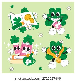 St. Patrick’s Day Cute Clover mit Schulbedarf Cartoon Illustration. Vektorgrafik.