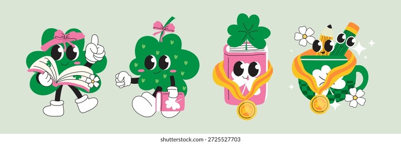 St. Patrick’s Day Cute Clover mit Schulbedarf Cartoon Illustration. Vektorgrafik.