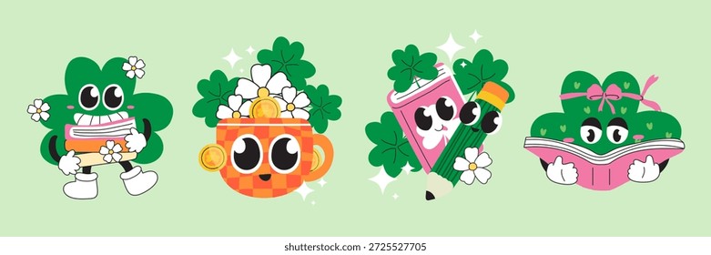 St. Patrick’s Day Cute Clover with School Supplies Cartoon Illustration. Vector Illustration.