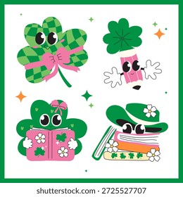 Día de San Patricio Lindo trébol con útiles escolares ilustración de dibujos animados. Ilustración vectorial.
