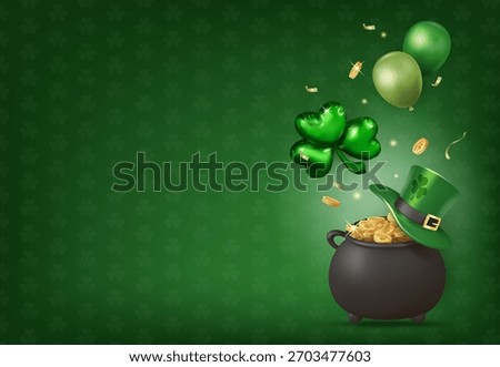 St. Patrick’s Day Dark Green Background with Pot of Gold, Balloons, and Shamrock for Event Promotions and Seasonal Advertising