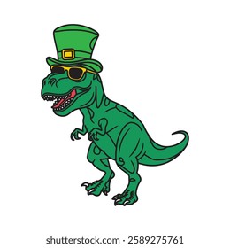 St. Patrick’s Day Dinosaur Cartoon – Green T-Rex with Shamrock Hat Vector