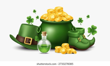 Fundo festivo do dia de São Patrício com moedas de ouro Clover e símbolos irlandeses