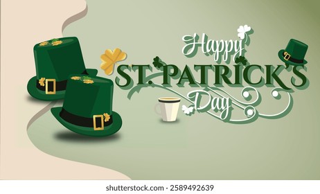 st. Patrick’s Day, festive illustration, green leprechaun hats with gold buckles, shamrocks, golden clover, decorative typography, coffee cup. Celebration, Irish culture, greeting card design.