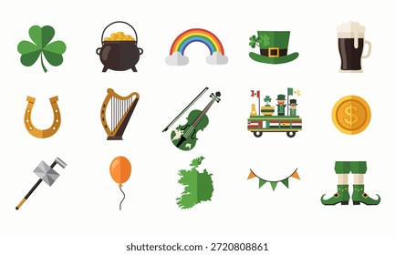 Conjunto de iconos planos del día de San Patricio con símbolos y Elementos irlandeses