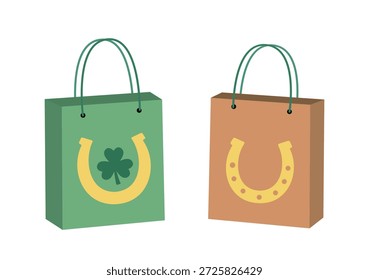 St. Patrick’s Day Gift Bag flat vector Illustration Set.
Lucky Shamrock and Horseshoe Paper Bag Clipart.
White background.