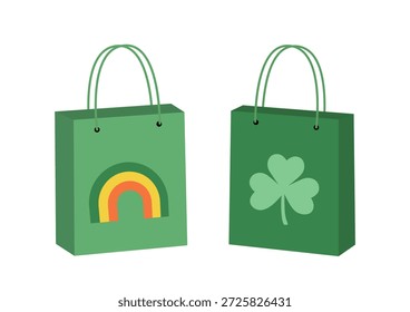 St. Patrick’s Day Gift Bag flat vector Illustration Set.
Irish Holiday Shopping Bags with Clover and Rainbow.
White background.