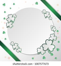 St. Patrick’s Day greeting card composition with green clover and white circle space to writing message in paper art style