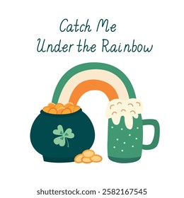 St. Patrick’s Day greeting card with pot of gold, rainbow, and beer mug. Festive Irish holiday illustration with shamrock. Great for posters, invitations, and decorations