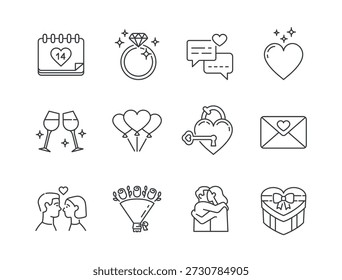 St. Valentine’s Day icon set. 12 romantic symbols in thin line style. Editable stroke. Love, hearts, gifts, dates, celebration theme. For web, apps. Vector illustration isolated on white background