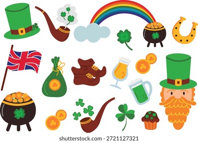 Conjunto de iconos del Día de San Patricio con símbolos temáticos verdes y Elementos festivos en un estilo de Ilustración vectorial limpio