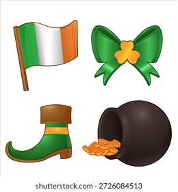 Conjunto de iconos del día de San Patricio con bandera irlandesa, arco de trébol, bota de duende y olla de oro en estilo de dibujos animados