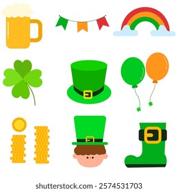 st. patrick’s day icons beer shamrock leprechaun hat rainbow and gold flat vector illustration	