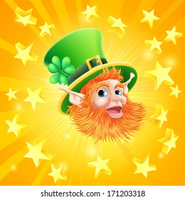 A St PatrickÃ?Â¢??s day leprechaun background with leprechauns face in the centre of orange explosion of gold stars