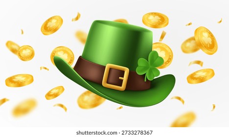 Sombrero de duende del día de San Patricio con las monedas de oro voladoras en el fondo blanco