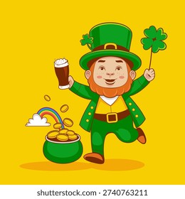 St Patrick’s Day leprechaun Irish folklore spirit cartoon, holding beer mug, shamrock and pot of gold, simple cultural celebration illustration, unidentifiable male character, not AI generated.