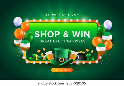 St Patrick’s Day lightbulb style background design with leprechaun hat, shamrock, gold coins, beer, horseshoe and balloons on green background. Vector illustration design. 