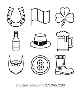Iconos del vector del arte de la línea del día de San Patricio, Elementos de diseño irlandeses dibujados a mano de la celebración