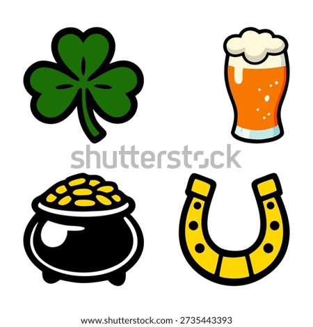  St. Patrick’s Day Lucky Symbols Vector Set, Irish Shamrock Clover, Beer Pint Glass, Pot of Gold Coins, Golden Horseshoe, Festive Holiday Icon Collection